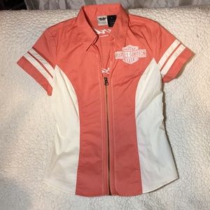 Harley-Davidson peach/cream zip front shirt Sz M